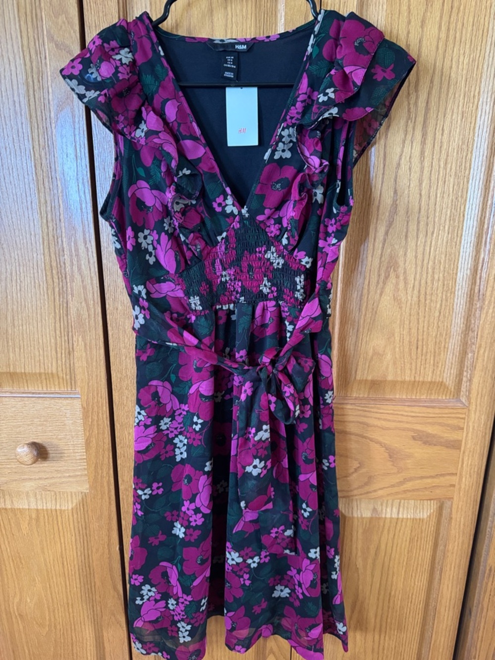 H&M Black Dress with Magenta Floral Print Midi Dress